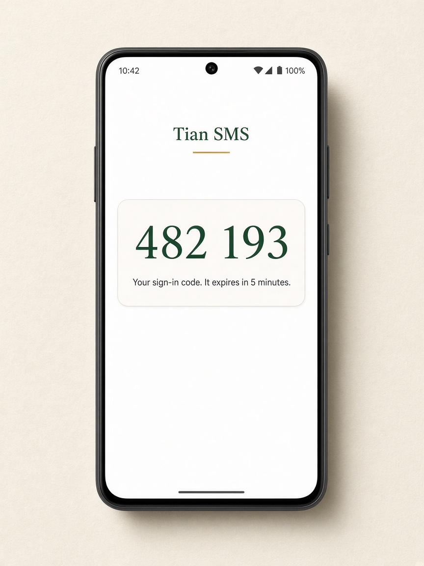 An Android phone showing a Tian SMS sign-in code, 482 193.